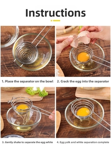 Four-step guide showing how to use the stainless steel spiral egg white separator tool