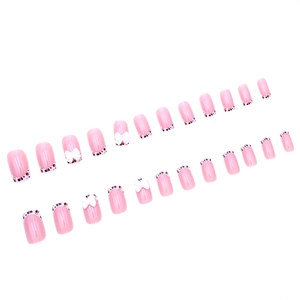 French leopard print press-on nails with 3D white bows on pink square bases