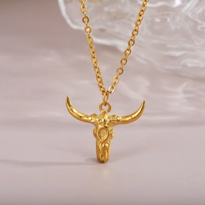 Golden bull skull pendant necklace in minimalist stainless steel for women fashion