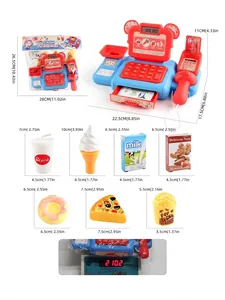 Detailed size dimensions of toy cash register and pretend food accessories set