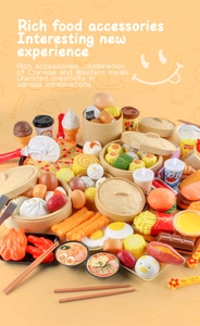 Detailed assortment of play food including dim sum, pizza, and burgers for kids kitchen