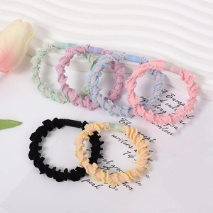 Macaron color ruffled elastic hair ties in six pastel shades for high ponytail styling