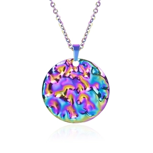 Detailed macro shot of a rainbow-colored geometric textured round pendant on a steel chain