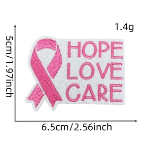 Macro shot of Hope Love Care pink ribbon embroidery patch with exact size measurements