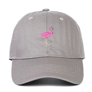 Close-up of pink flamingo embroidery on light grey cotton canvas baseball cap