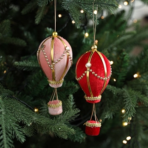 Velvet hot air balloon Christmas tree ornaments with gold trim and pearls in pink and red