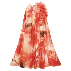 Detailed view of floral print high waist long skirt with 3D ruffle flower waist detail