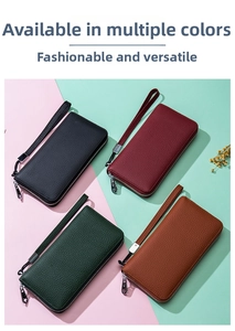 Genuine leather long RFID wallets in black, red, green and brown with wrist straps