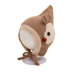Brown knit baby earflap hat with cute chick character design and chin straps