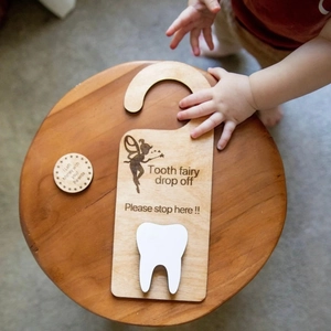 Wooden Tooth Fairy Door Hanger With Tooth Pocket Engraved Plaque For Kids Room Handle Decor Gift