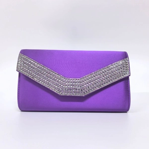 Elegant purple satin clutch bag with rhinestone trim for women's evening banquets
