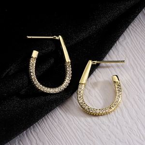 Minimalist 18K gold plated U-shaped geometric earrings with pavé set zircon stones