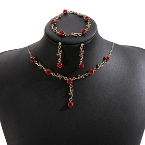 French romantic red rose necklace earrings and bracelet set with gold leaves