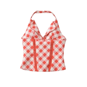Red White Plaid Halter Neck Top Backless Lace Up Slim Fit Corset Style Polyester Camisole Vest Sexy Women Fashion