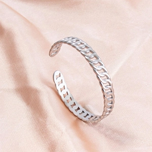 Polished silver stainless steel open cuff bracelet with minimalist curb chain pattern