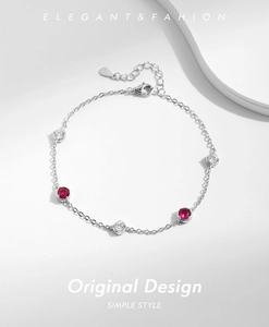 S925 sterling silver bracelet with white and red bezel-set zircons and lobster clasp