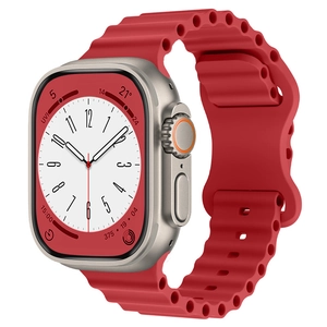 Macro shot of red ocean silicone strap with silver case for smart watch ultra