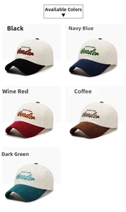Detail of color options for corduroy baseball caps with BE WILD AND Wonden embroidery