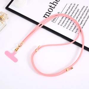 Laccetto per cellulare rosa in nylon con ganci in metallo dorato e fibbia regolabile