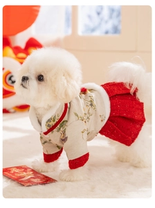 Détails de robe pour chien style chinois avec broderies et jupe plissée rouge festive