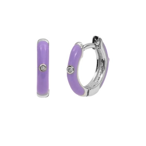 Detailed close-up of purple enamel huggie hoop earrings with sparkling zircon stones