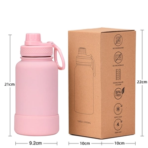 Pink 650ml stainless steel insulated water bottle with handle and dimensions shown