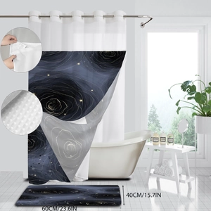 Detail of waterproof floral shower curtain with navy rose patterns and matching bath mat