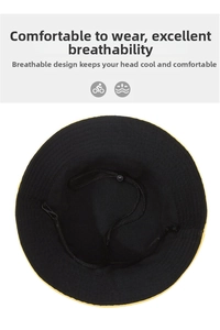 Detail of breathable sun hat interior with adjustable windproof rope and yellow piping