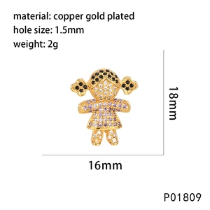 Detailed specs of girl pendant with purple and black cubic zirconia in gold plated copper