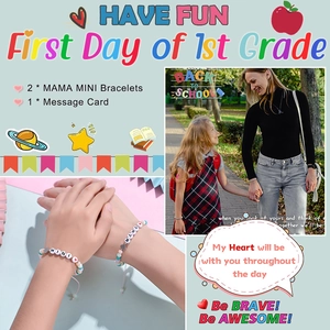 Colorful Mama and Mini beaded bracelets set with heart charms on Back to School card