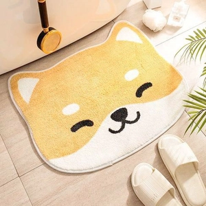 Cute shiba inu shaped non slip bathroom floor mat detail, absorbent plush anti slip rug.