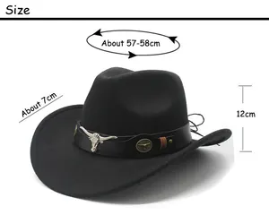 Detailed size chart for black western cowboy hat with cattle skull leather band