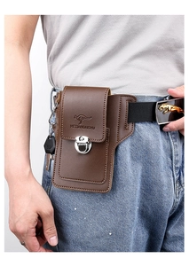 Detailed view of brown leather belt pouch with metal twist lock and kangaroo logo