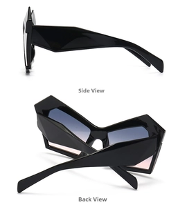 Side and back view of trendy irregular black sunglasses with pink gradient lenses