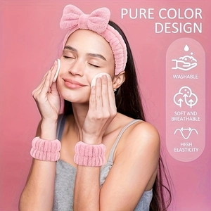 Pink microfiber headband and wristband set for face washing with soft bow design