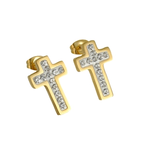 Elegant 18K gold plated stainless steel cross earrings with sparkling crystals for women