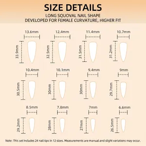 Size chart for cross and dragon motif press-on nails in long coffin shape with 24 pieces