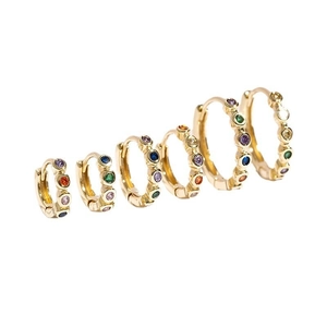 Golden mini hoop earrings with colorful gemstones in various sizes on white background