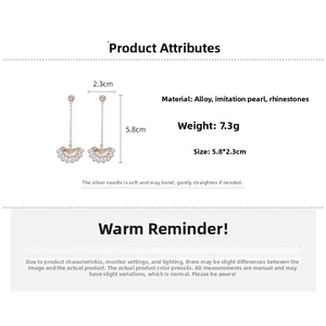 Detailed view of long tassel earrings with pearls and rhinestones showing 5.8cm size