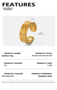 Detailed view of adjustable golden stainless steel ring with geometric tribal relief