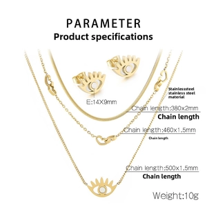 Detail view of heart and eye pendant necklace set with stainless steel specifications