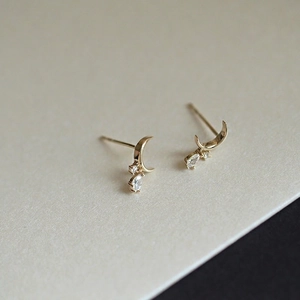 Minimalist 14K gold plated S925 silver crescent moon stud earrings with zircon crystals