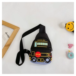 Detail of cute yellow school bus car kids chest bag with stop sign on black nylon