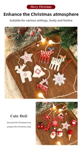 Detail of wooden and wool felt Christmas ornaments with rustic snowflake and deer designs