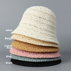 Vertical stack of six breathable knit bucket hats in white, beige, camel, pink, blue and black