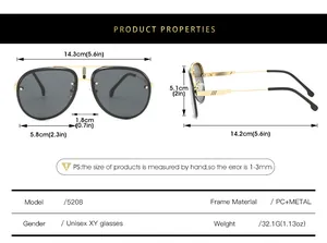 Size chart for aviator sunglasses showing detailed frame dimensions and PC metal specs