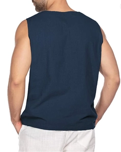 Rear view of deep blue sleeveless cotton linen shirt showing a casual loose fit on model