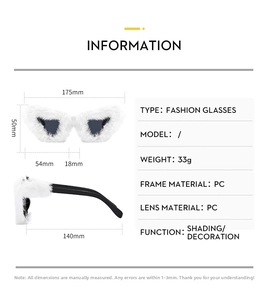 Detailed size specifications of heart-shaped plush sunglasses with frame measurements