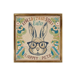 Rustic wooden frame Easter bunny sign with floral motifs and glasses for tabletop decor