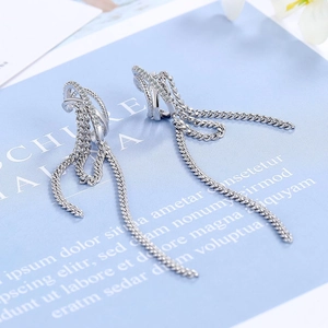 Silver drop earrings with double rings, zircon inlay and long tassel chain fringe